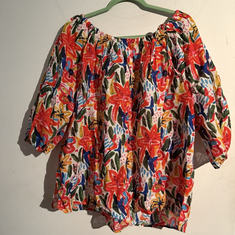 Hester & Orchard 2X Plus Size Linen Blend‎ Top Lagenlook Boho Colorful Relaxed